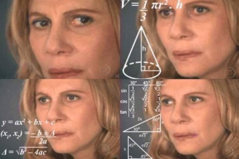 Meme señora haciendo cuentas matemáticas con cara de confusión.